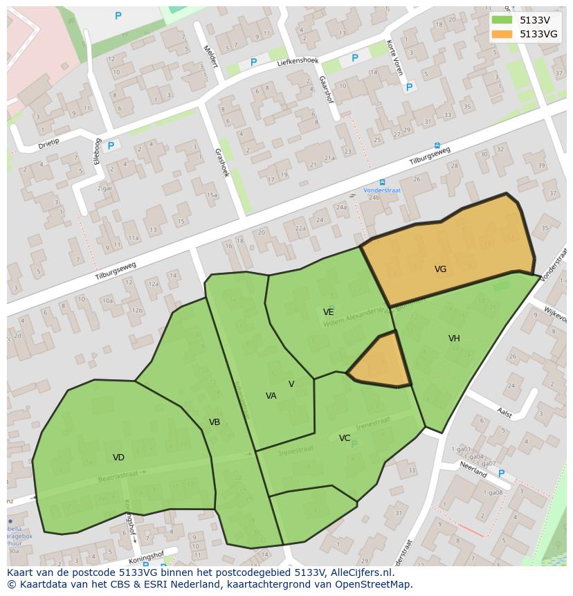 Afbeelding van het postcodegebied 5133 VG op de kaart.