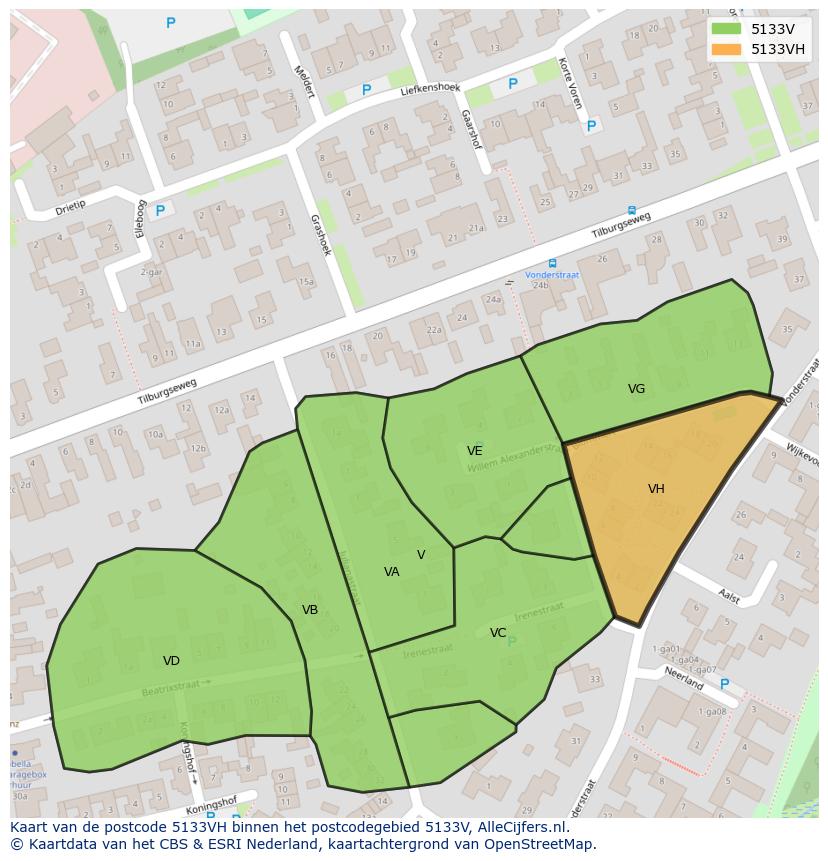 Afbeelding van het postcodegebied 5133 VH op de kaart.
