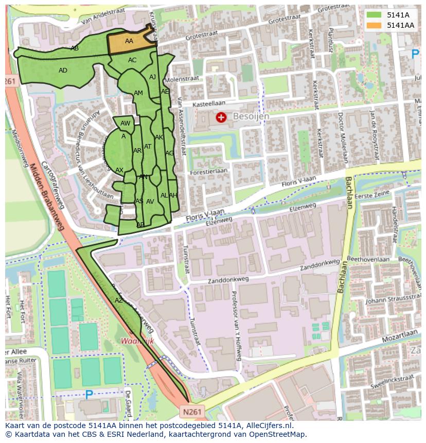 Afbeelding van het postcodegebied 5141 AA op de kaart.