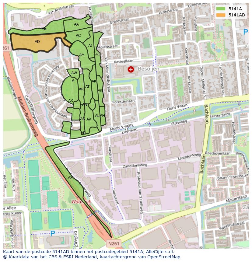 Afbeelding van het postcodegebied 5141 AD op de kaart.