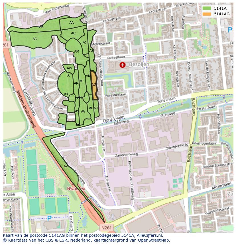 Afbeelding van het postcodegebied 5141 AG op de kaart.