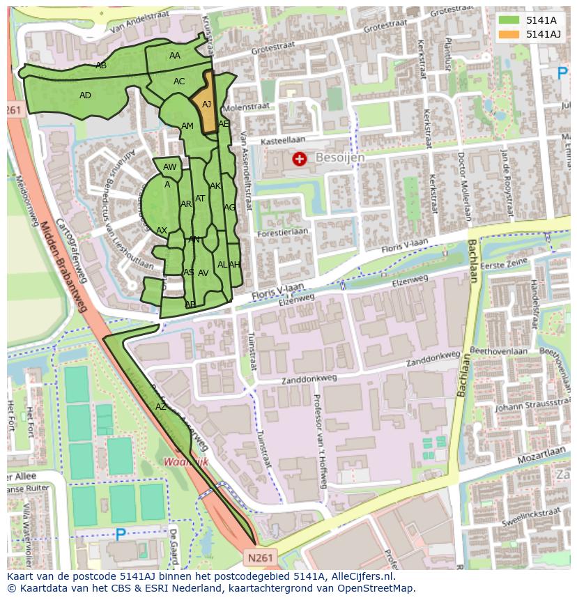 Afbeelding van het postcodegebied 5141 AJ op de kaart.