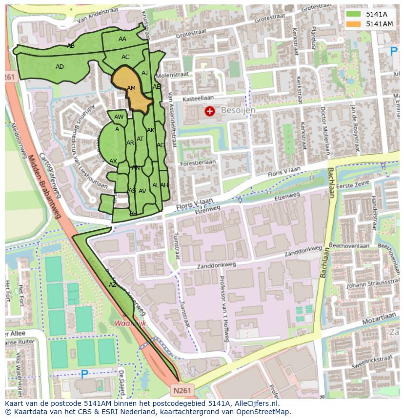 Afbeelding van het postcodegebied 5141 AM op de kaart.