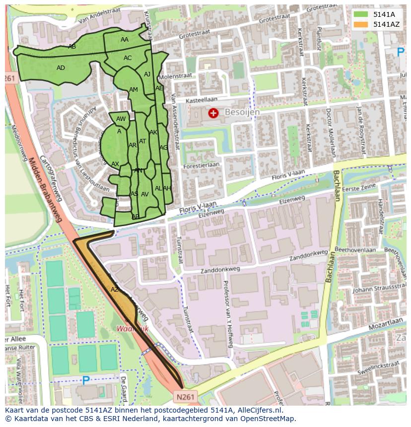 Afbeelding van het postcodegebied 5141 AZ op de kaart.