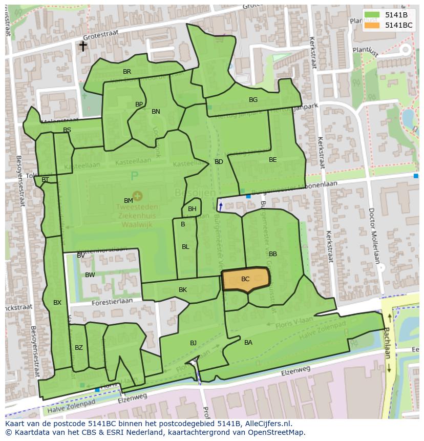 Afbeelding van het postcodegebied 5141 BC op de kaart.