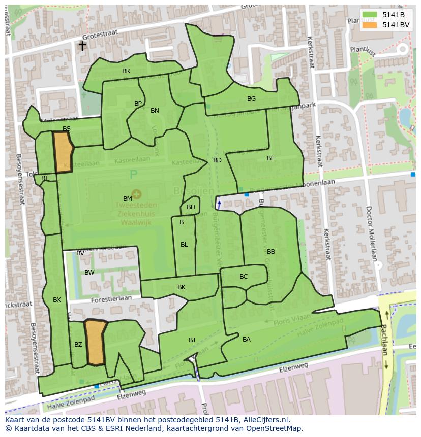 Afbeelding van het postcodegebied 5141 BV op de kaart.