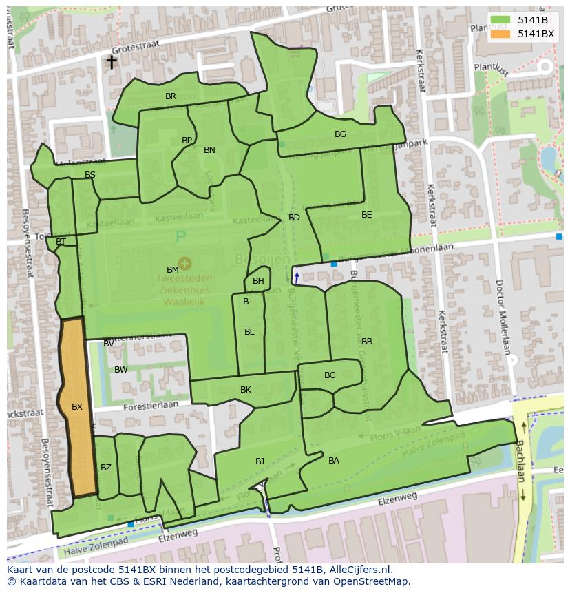 Afbeelding van het postcodegebied 5141 BX op de kaart.