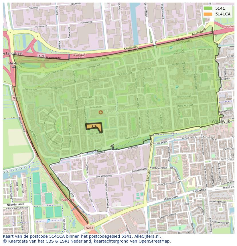 Afbeelding van het postcodegebied 5141 CA op de kaart.