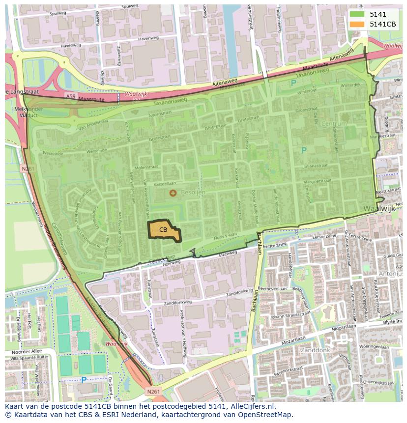 Afbeelding van het postcodegebied 5141 CB op de kaart.