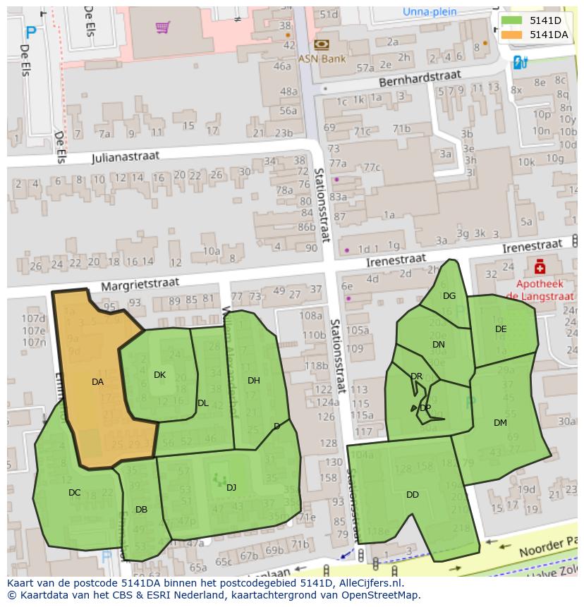 Afbeelding van het postcodegebied 5141 DA op de kaart.
