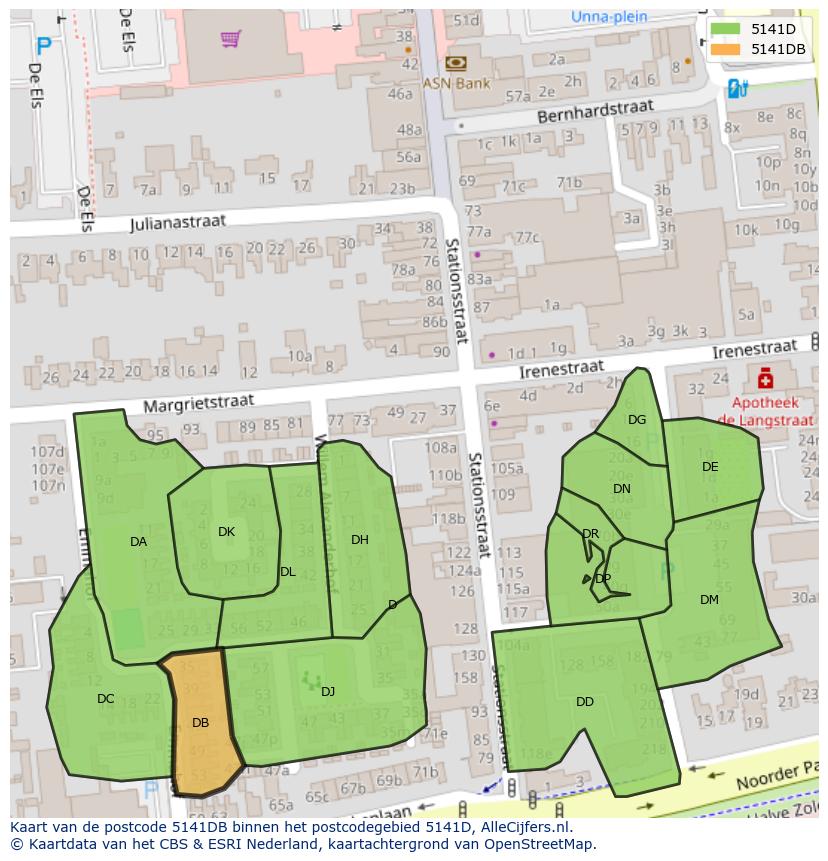 Afbeelding van het postcodegebied 5141 DB op de kaart.