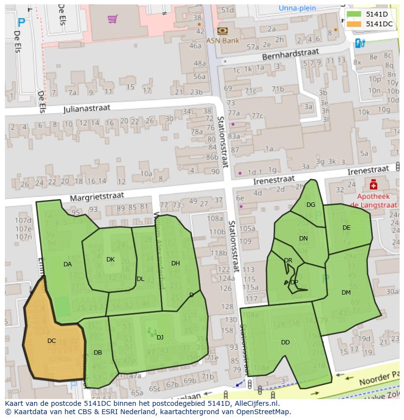 Afbeelding van het postcodegebied 5141 DC op de kaart.