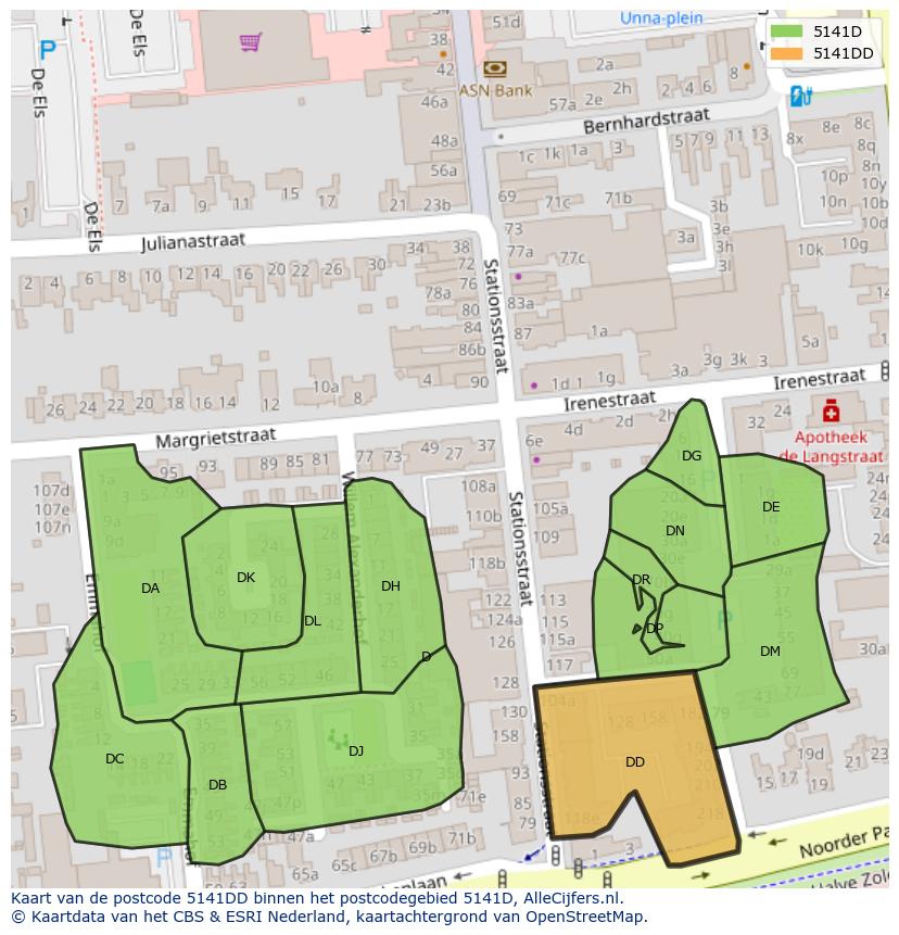 Afbeelding van het postcodegebied 5141 DD op de kaart.