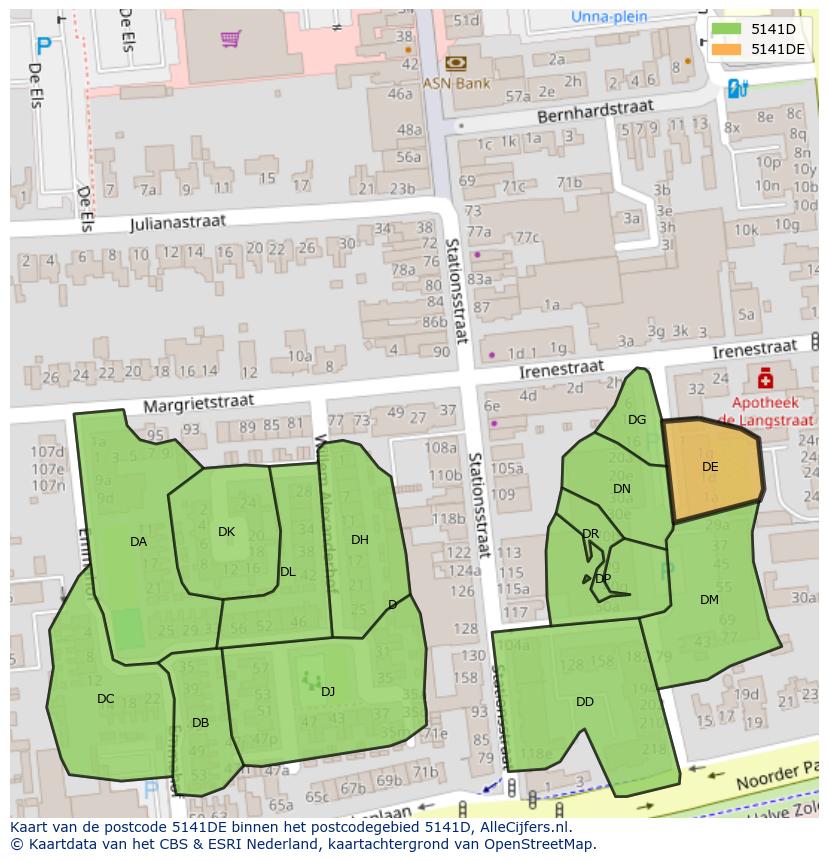 Afbeelding van het postcodegebied 5141 DE op de kaart.
