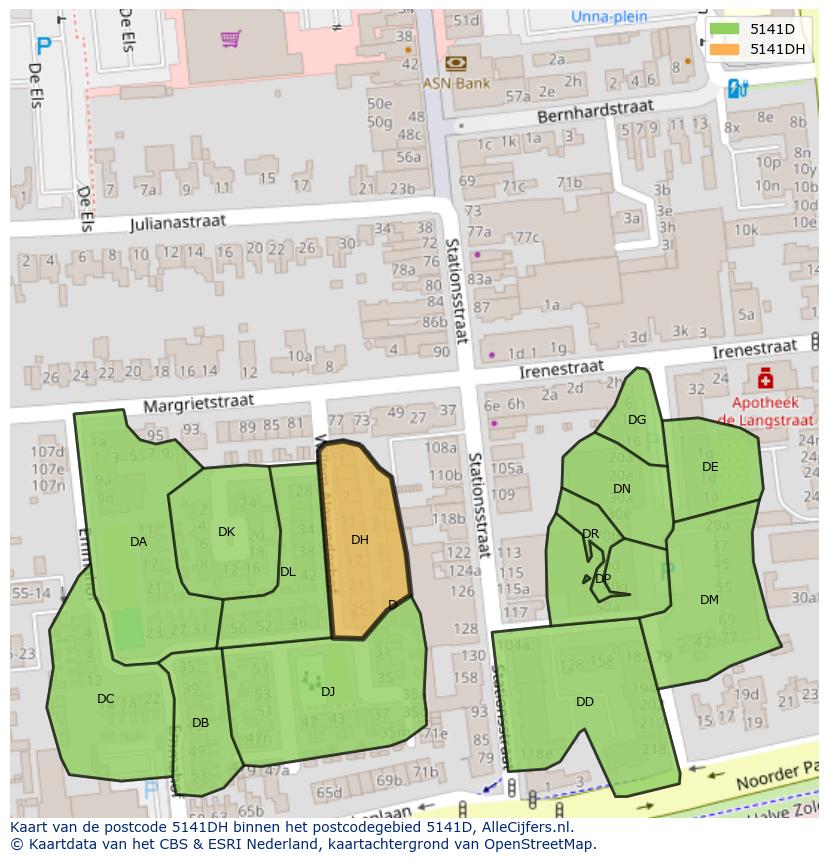 Afbeelding van het postcodegebied 5141 DH op de kaart.