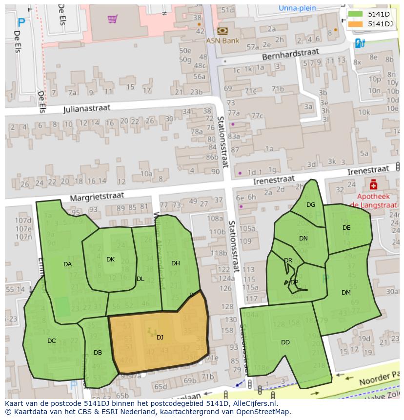 Afbeelding van het postcodegebied 5141 DJ op de kaart.