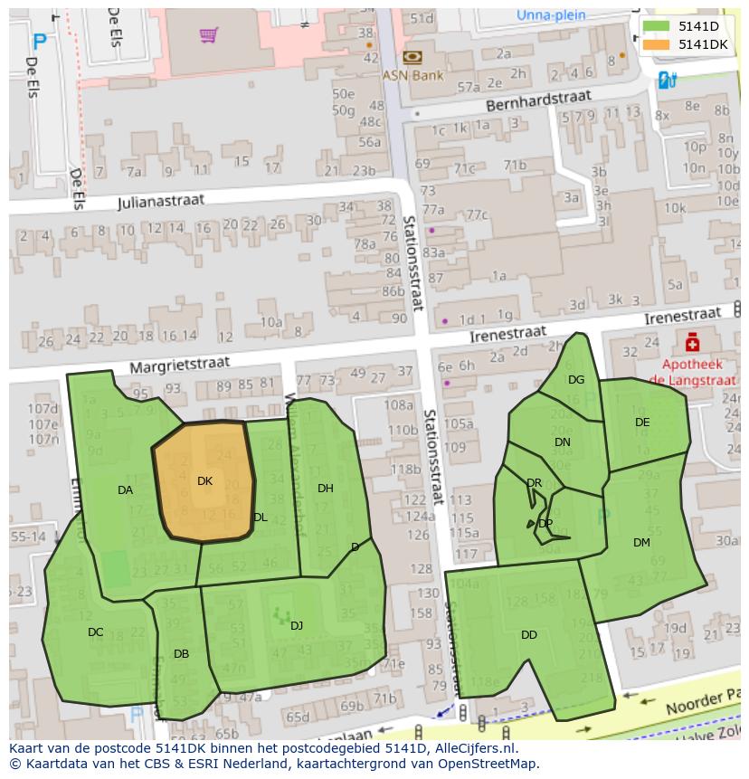 Afbeelding van het postcodegebied 5141 DK op de kaart.