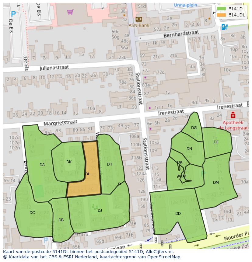 Afbeelding van het postcodegebied 5141 DL op de kaart.