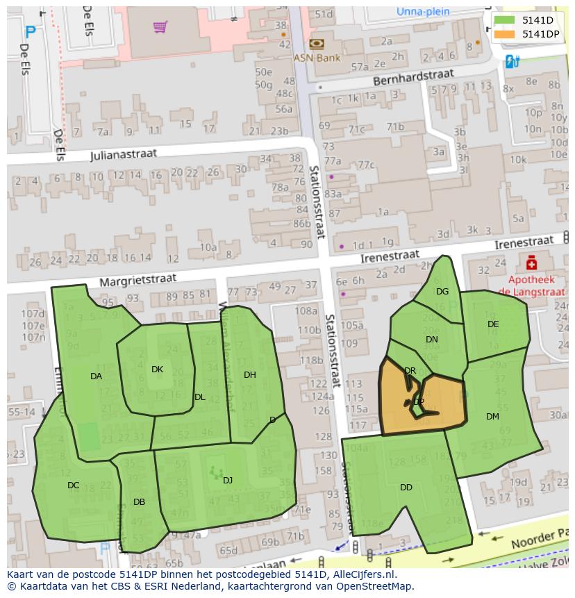 Afbeelding van het postcodegebied 5141 DP op de kaart.