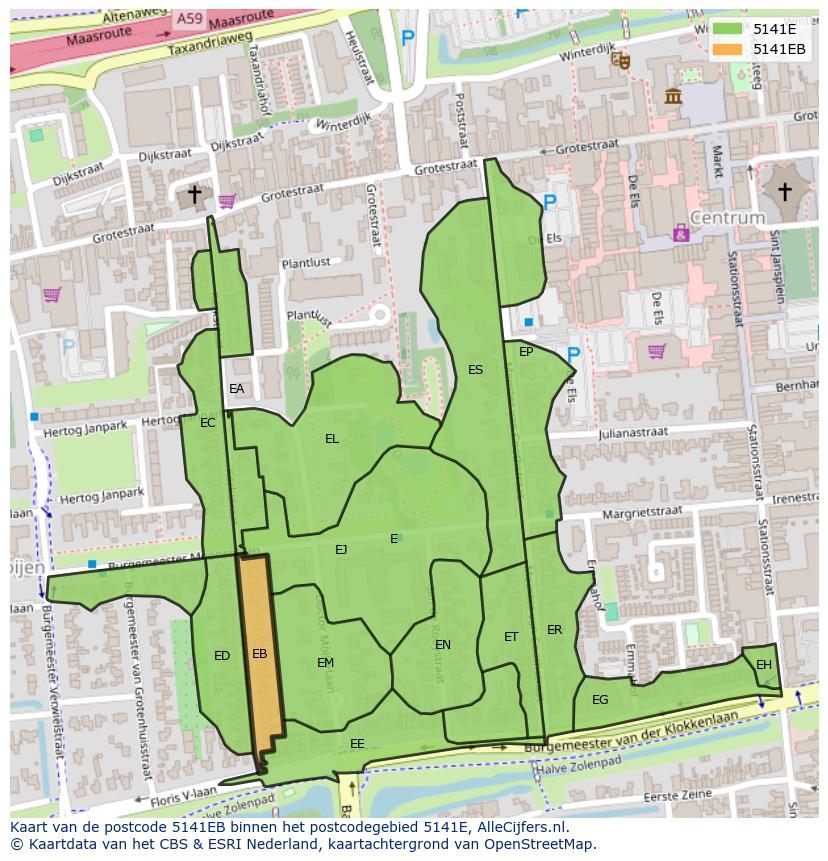 Afbeelding van het postcodegebied 5141 EB op de kaart.