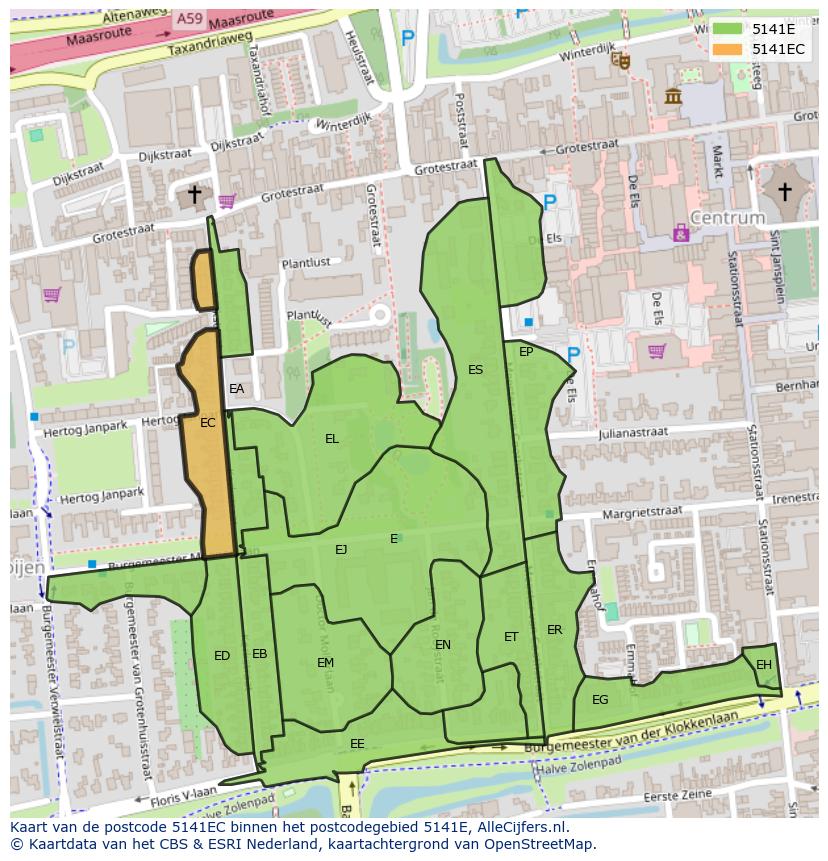 Afbeelding van het postcodegebied 5141 EC op de kaart.