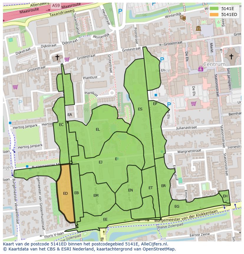 Afbeelding van het postcodegebied 5141 ED op de kaart.