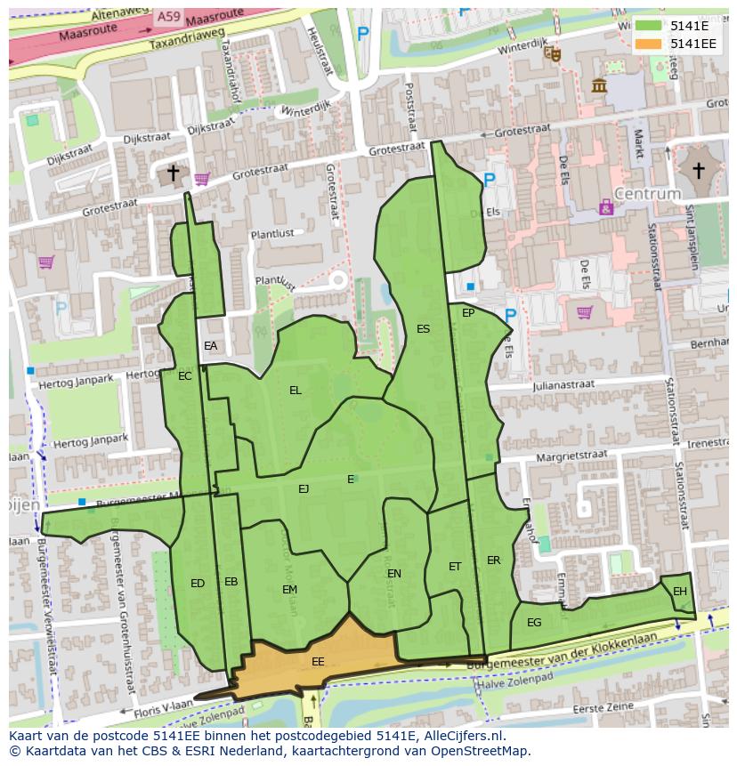 Afbeelding van het postcodegebied 5141 EE op de kaart.