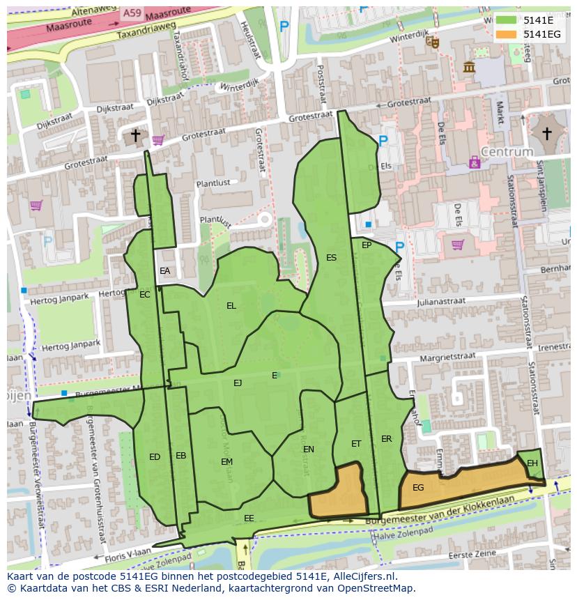 Afbeelding van het postcodegebied 5141 EG op de kaart.