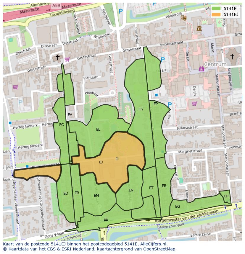 Afbeelding van het postcodegebied 5141 EJ op de kaart.