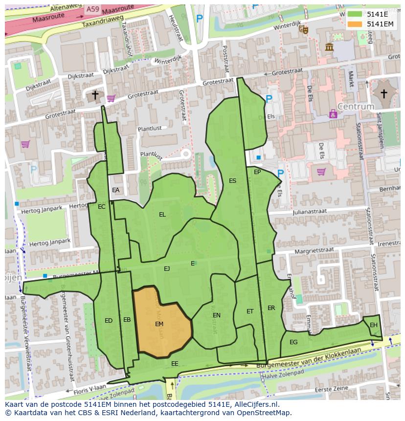 Afbeelding van het postcodegebied 5141 EM op de kaart.