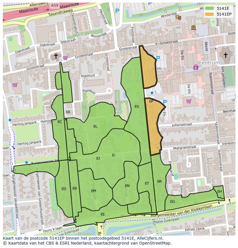 Afbeelding van het postcodegebied 5141 EP op de kaart.