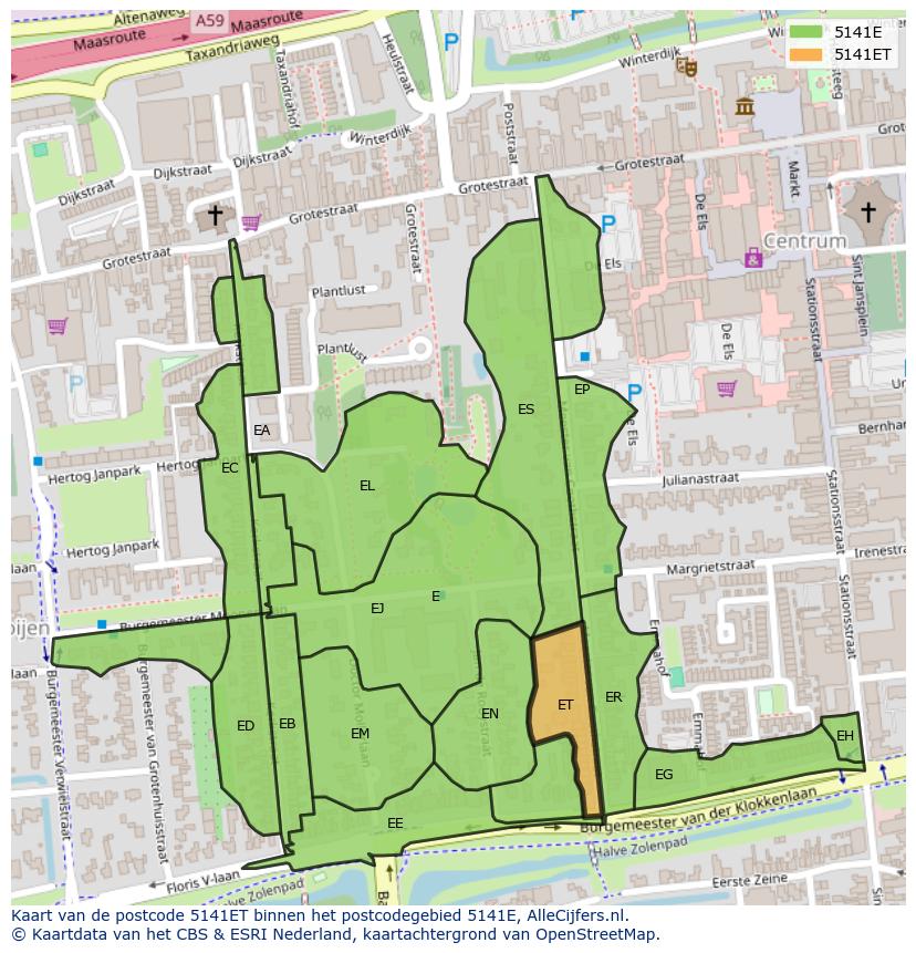 Afbeelding van het postcodegebied 5141 ET op de kaart.