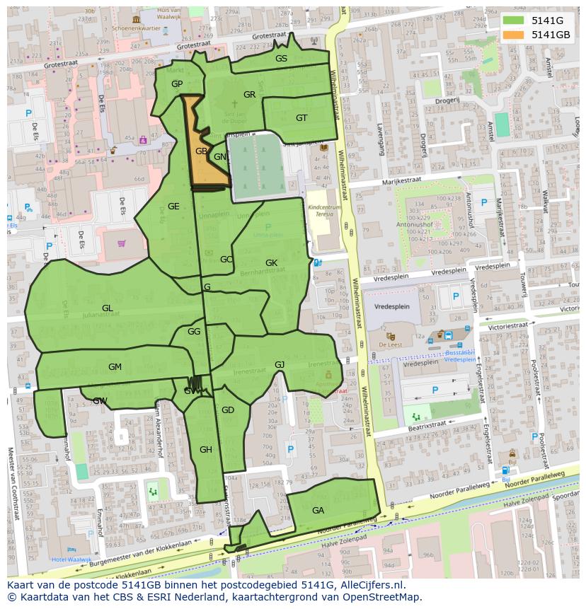 Afbeelding van het postcodegebied 5141 GB op de kaart.