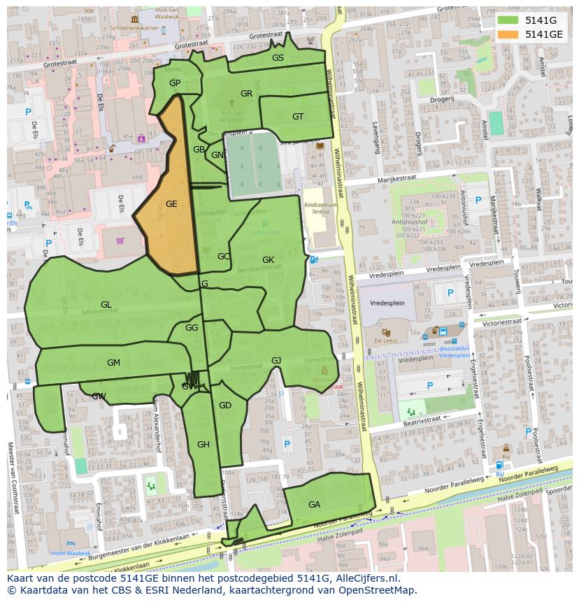 Afbeelding van het postcodegebied 5141 GE op de kaart.