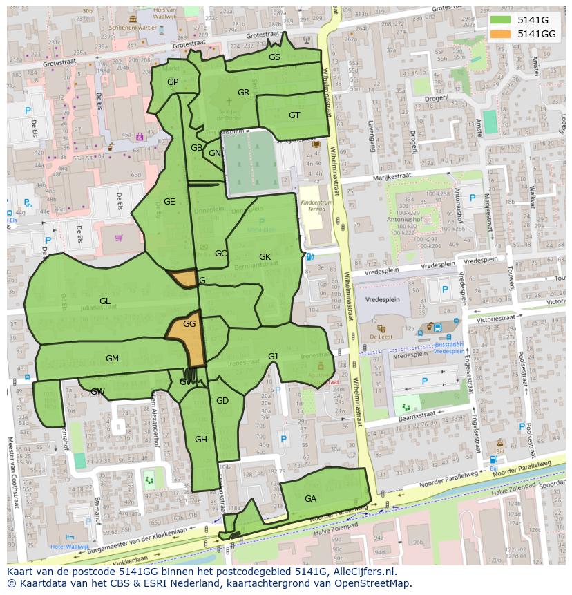 Afbeelding van het postcodegebied 5141 GG op de kaart.
