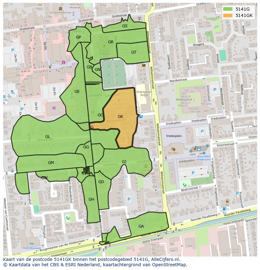 Afbeelding van het postcodegebied 5141 GK op de kaart.