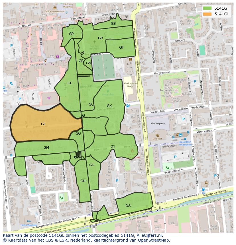 Afbeelding van het postcodegebied 5141 GL op de kaart.