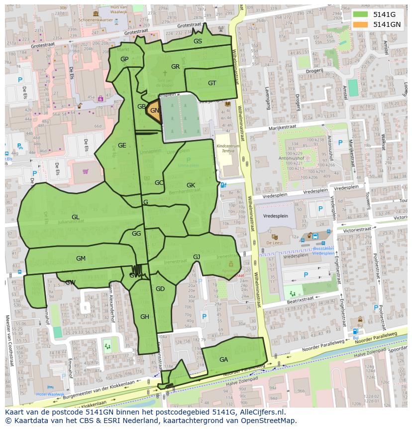 Afbeelding van het postcodegebied 5141 GN op de kaart.