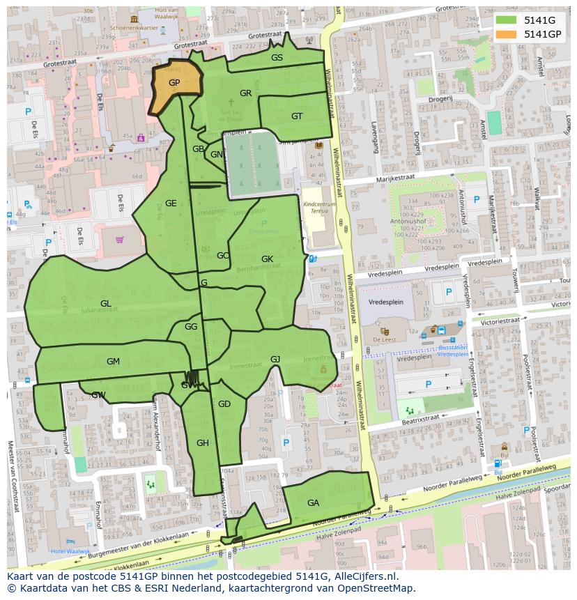 Afbeelding van het postcodegebied 5141 GP op de kaart.