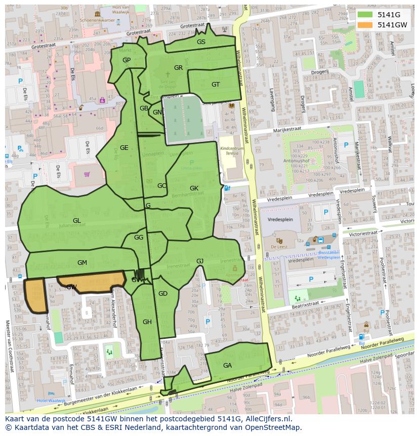 Afbeelding van het postcodegebied 5141 GW op de kaart.