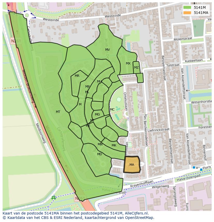 Afbeelding van het postcodegebied 5141 MA op de kaart.