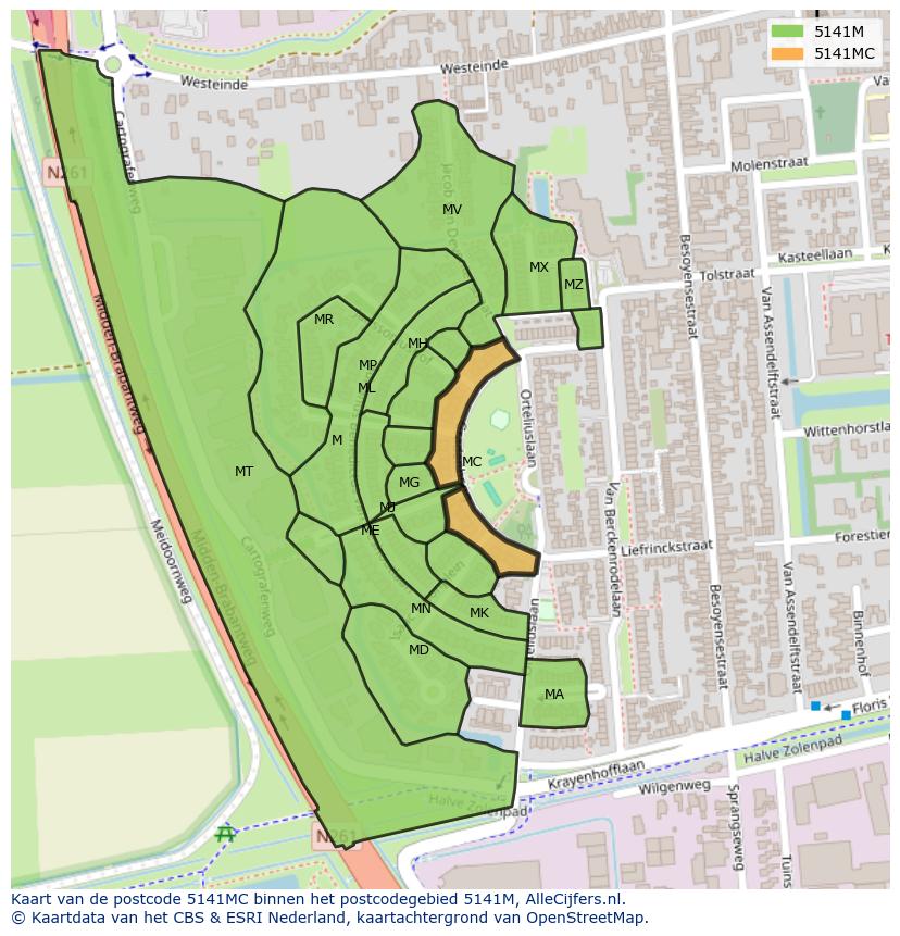 Afbeelding van het postcodegebied 5141 MC op de kaart.