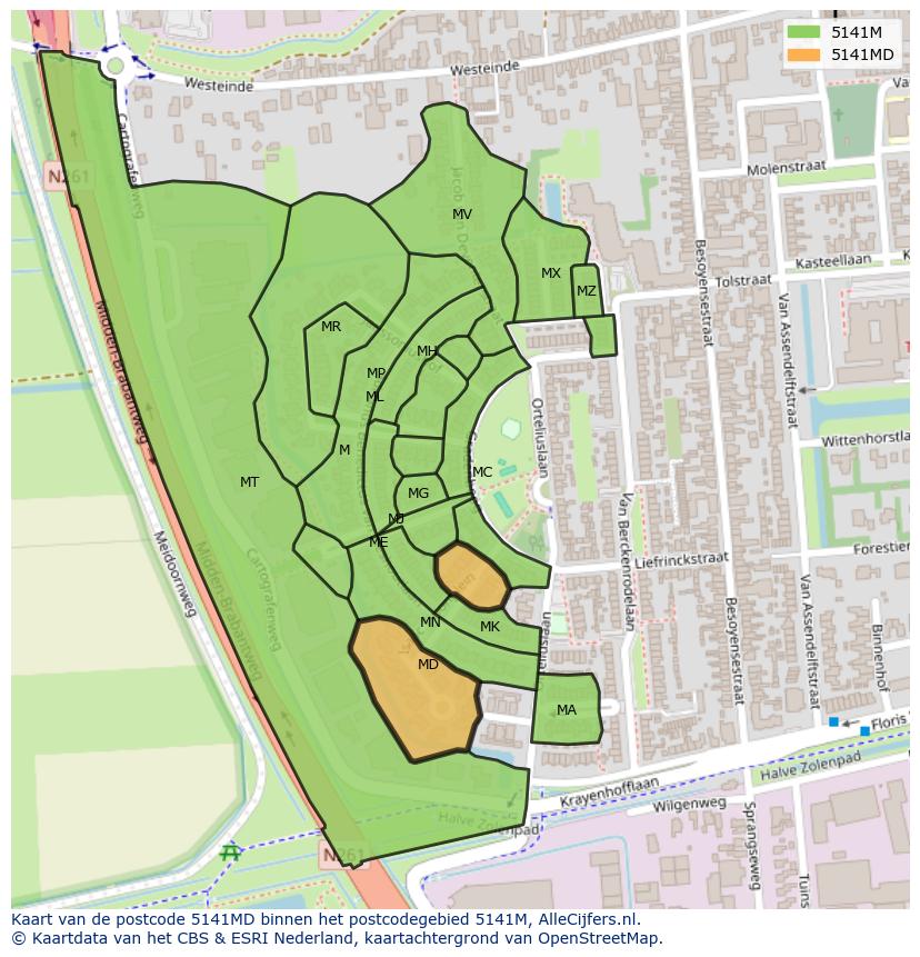 Afbeelding van het postcodegebied 5141 MD op de kaart.