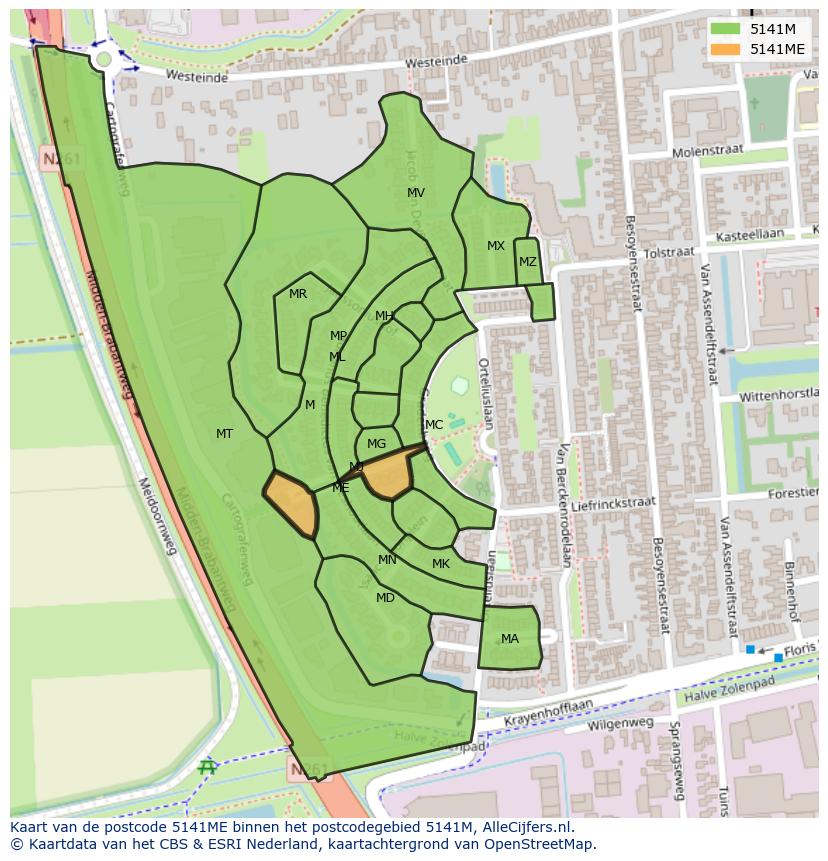 Afbeelding van het postcodegebied 5141 ME op de kaart.
