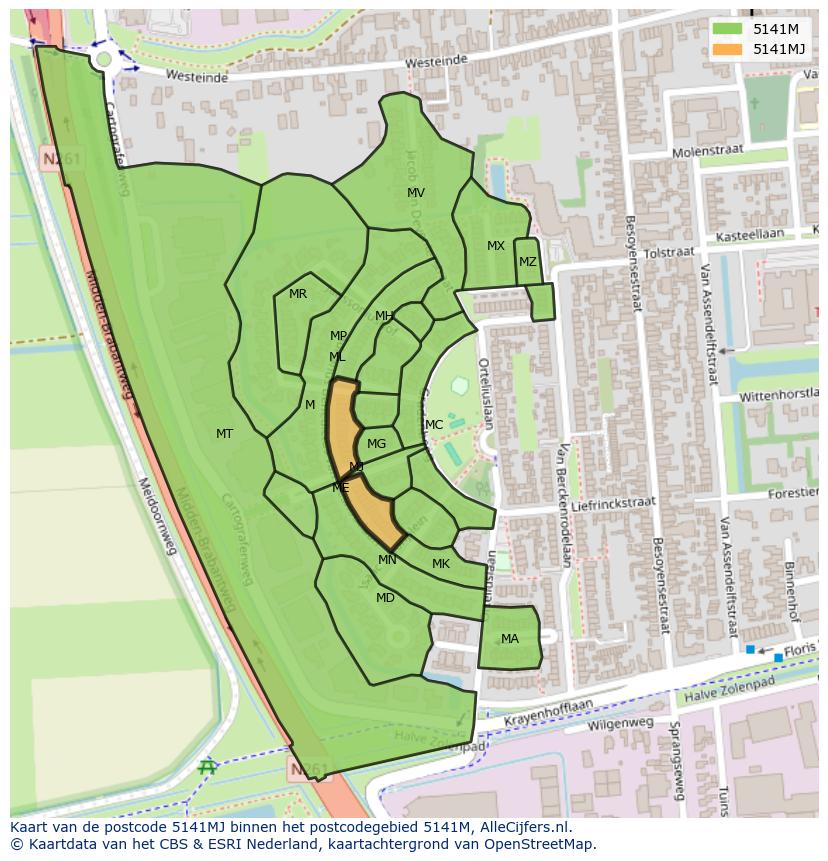 Afbeelding van het postcodegebied 5141 MJ op de kaart.