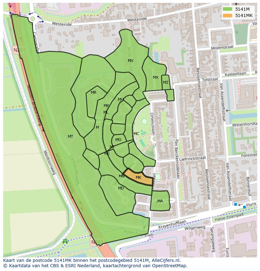 Afbeelding van het postcodegebied 5141 MK op de kaart.