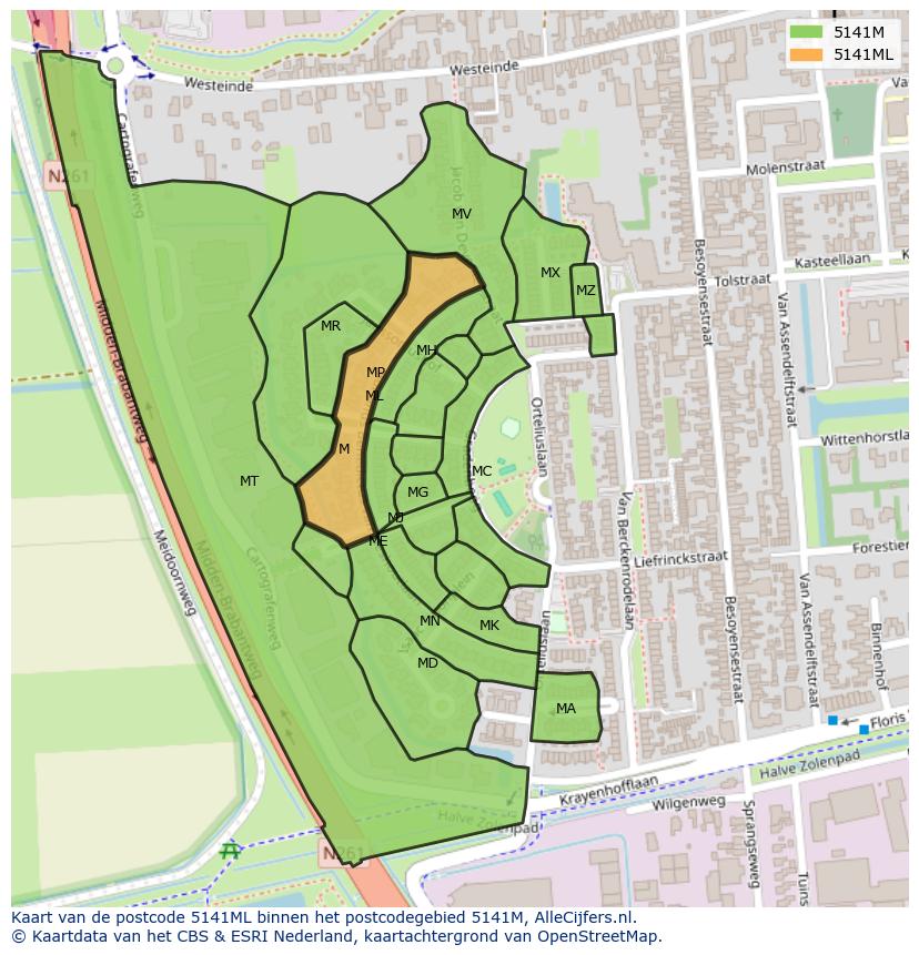 Afbeelding van het postcodegebied 5141 ML op de kaart.