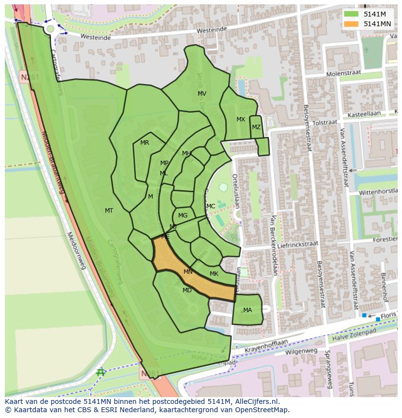 Afbeelding van het postcodegebied 5141 MN op de kaart.