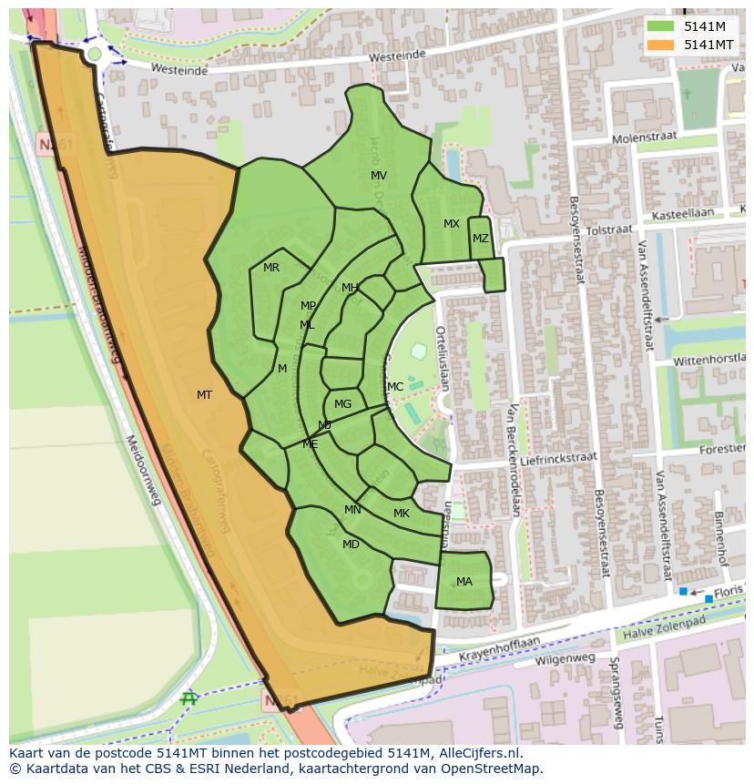 Afbeelding van het postcodegebied 5141 MT op de kaart.