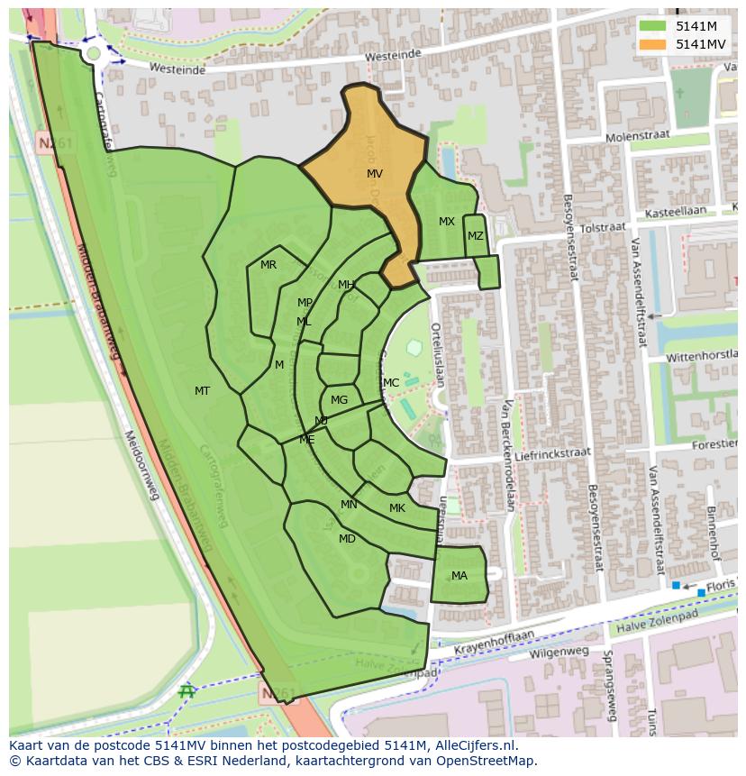 Afbeelding van het postcodegebied 5141 MV op de kaart.